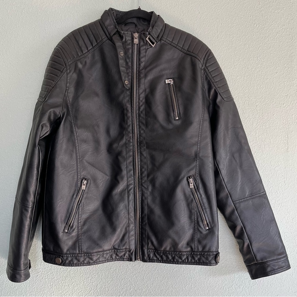 XRay Jeans Men’s Black Faux Leather Jacket  Size Large Full Zip Motorcycle